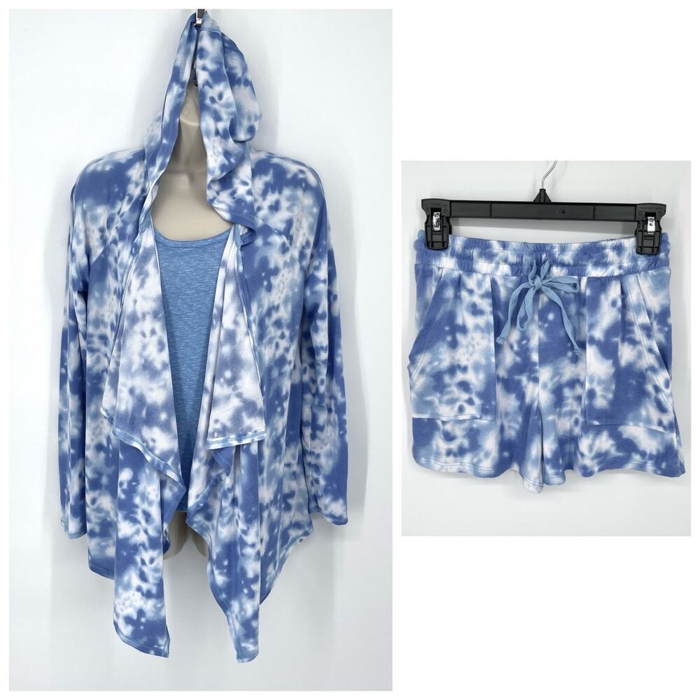 Roudelain NWT 3 Pc PJ Set Sleepwear Hooded Robe Shirt & Shorts Size S Blue White